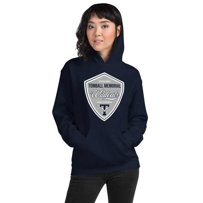 Woman wearing Tomball Memorial High School Wildcats Navy Classic Unisex Hoodie 225