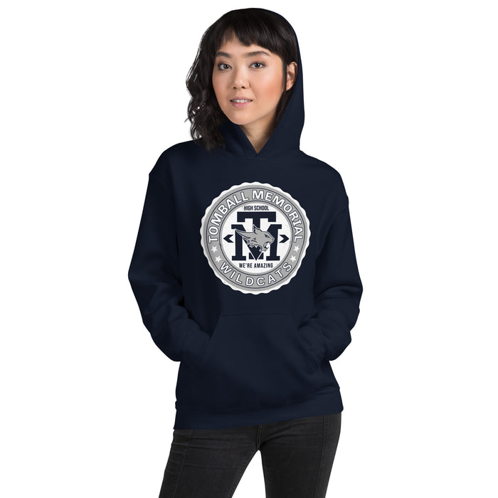 Woman wearing Tomball Memorial High School Wildcats Navy Classic Unisex Hoodie 216