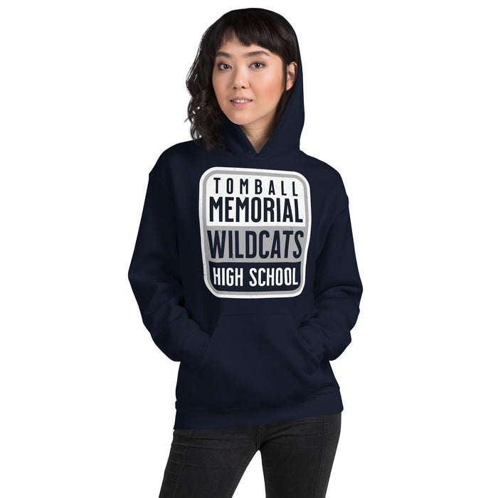 Woman wearing Tomball Memorial High School Wildcats Navy Classic Unisex Hoodie 001