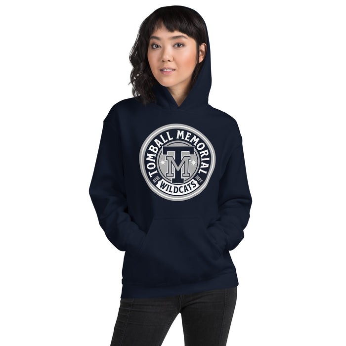 Woman wearing Tomball Memorial High School Wildcats Navy Classic Unisex Hoodie 220