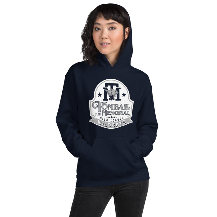 Woman wearing Tomball Memorial High School Wildcats Navy Classic Unisex Hoodie 219