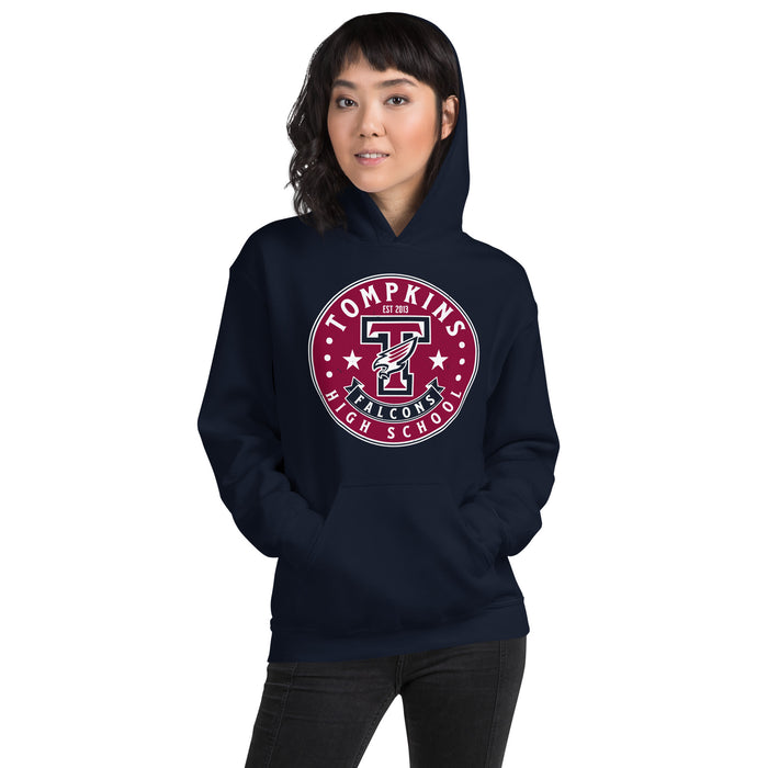 Woman wearing Tompkins High School Falcons Navy Classic Unisex Hoodie 215