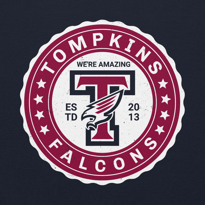 Close-up view of Tompkins High School Falcons Navy Classic Unisex Hoodie 216