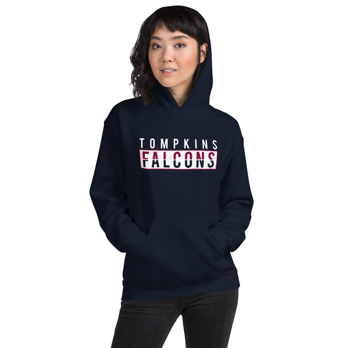 Woman wearing Tompkins High School Falcons Navy Classic Unisex Hoodie 031