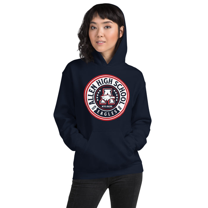 Woman wearing Allen High School Eagles Classic Navy Unisex Hoodie 208