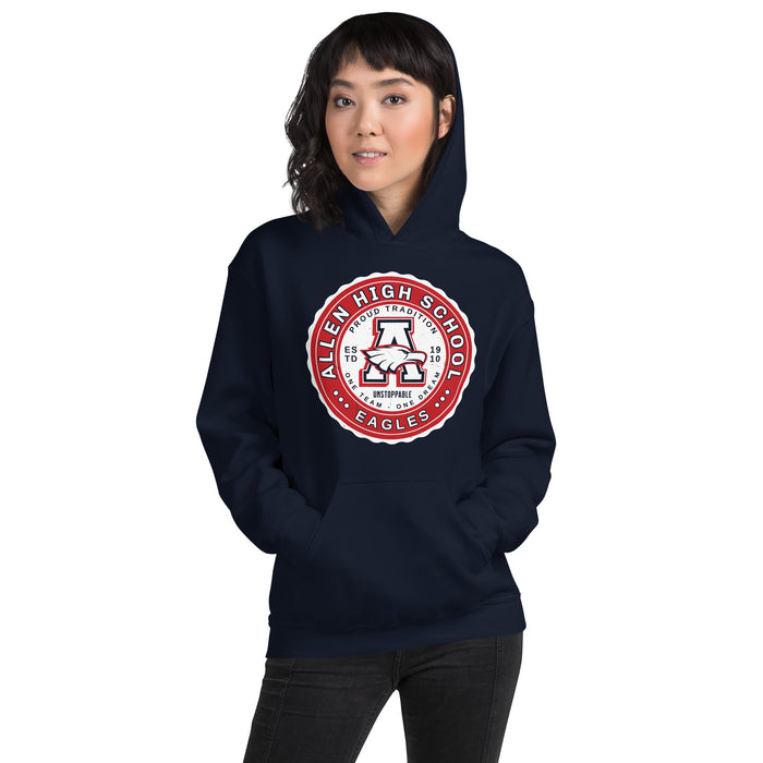 Woman wearing Allen High School Eagles Classic Navy Unisex Hoodie 209