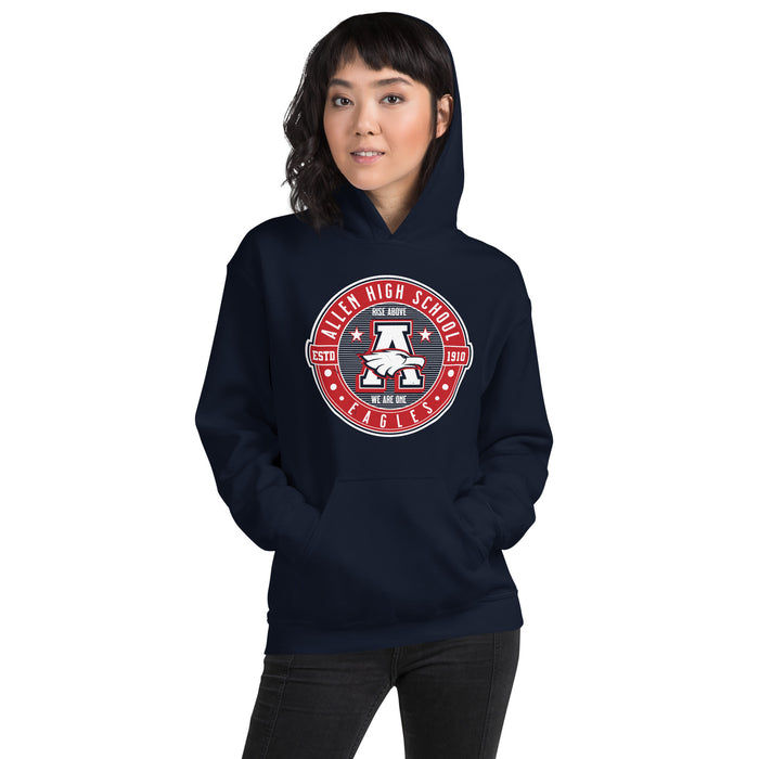 Woman wearing Allen High School Eagles Classic Navy Unisex Hoodie 207