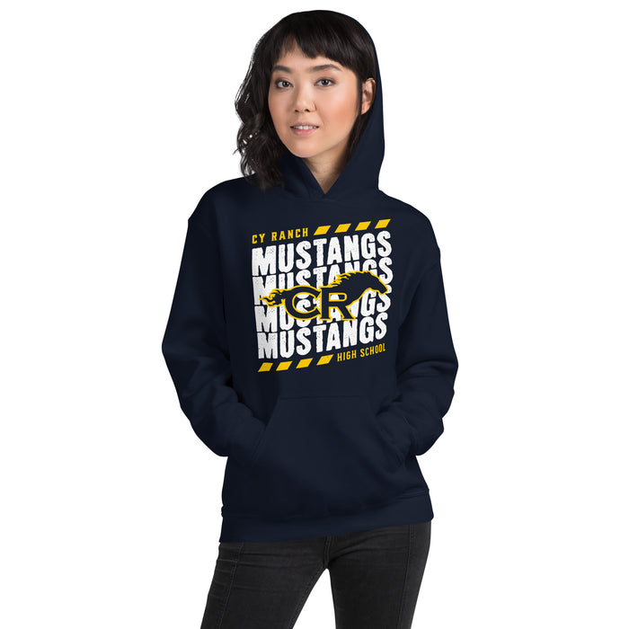 Woman wearing Cypress Ranch High School Mustangs Navy Classic Unisex Hoodie 223