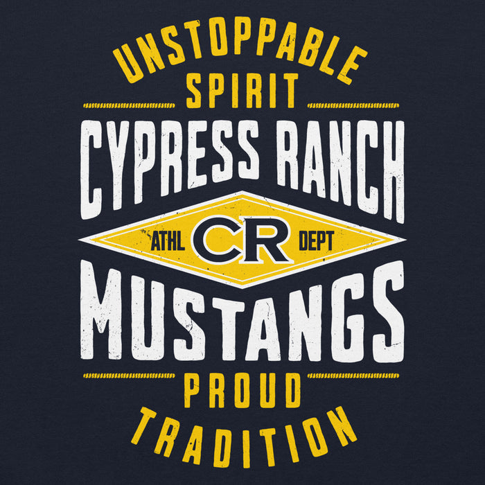 Close-up view of Cypress Ranch High School Mustangs Navy Classic Unisex Hoodie 210
