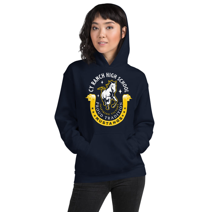 Woman wearing Cypress Ranch High School Mustangs Navy Classic Unisex Hoodie 229