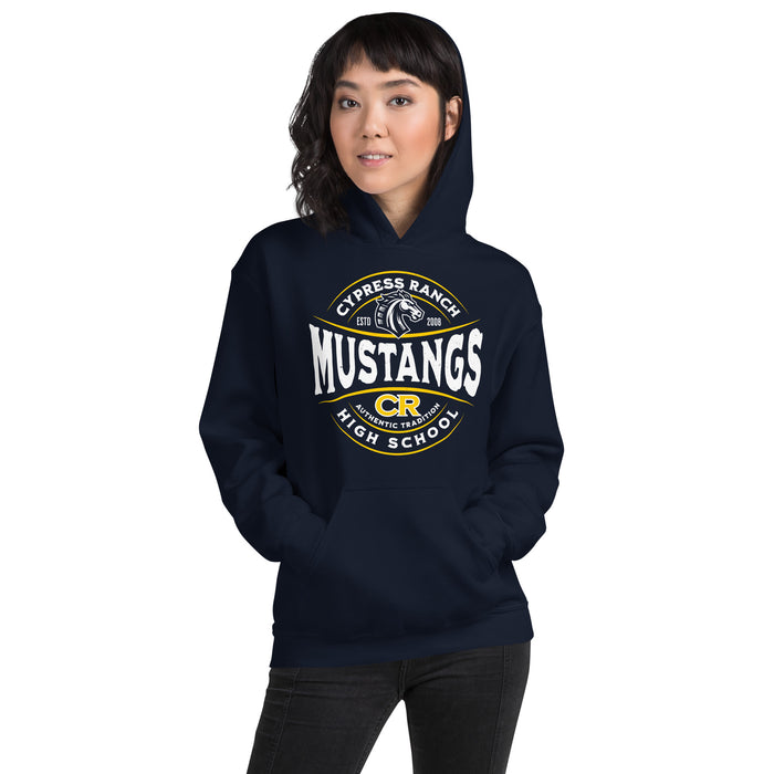Woman wearing Cypress Ranch High School Mustangs Navy Classic Unisex Hoodie 218