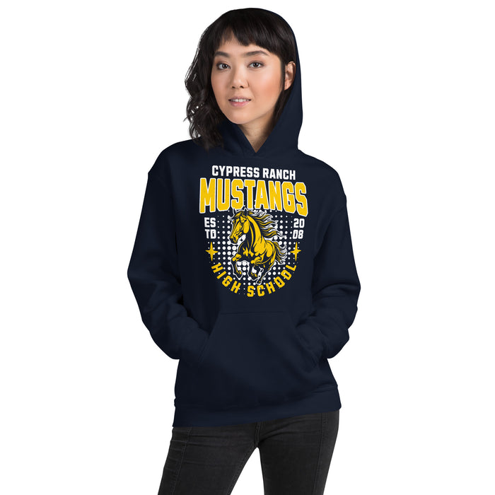Woman wearing Cypress Ranch High School Mustangs Navy Classic Unisex Hoodie 204