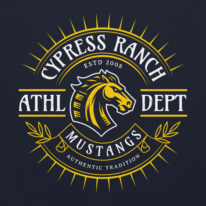 Close-up view of Cypress Ranch High School Mustangs Navy Classic Unisex Hoodie 201