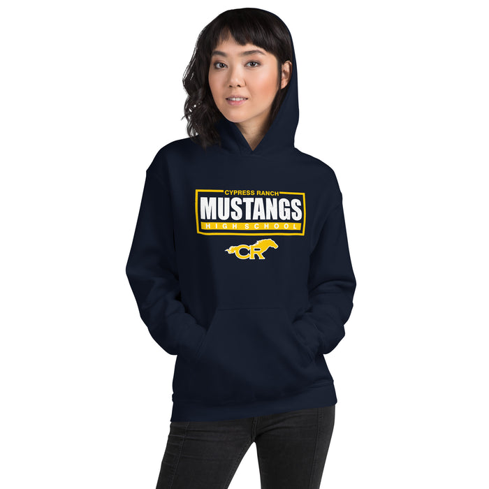Woman wearing Cypress Ranch High School Mustangs Navy Classic Unisex Hoodie 049