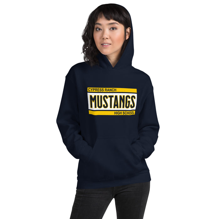 Woman wearing Cypress Ranch High School Mustangs Navy Classic Unisex Hoodie 098