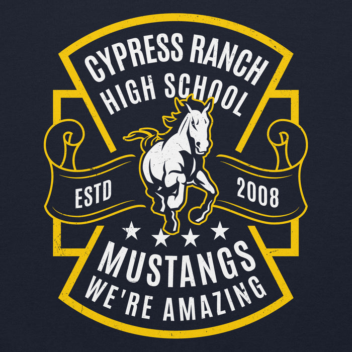 Close-up view of Cypress Ranch High School Mustangs Navy Classic Unisex Hoodie 207