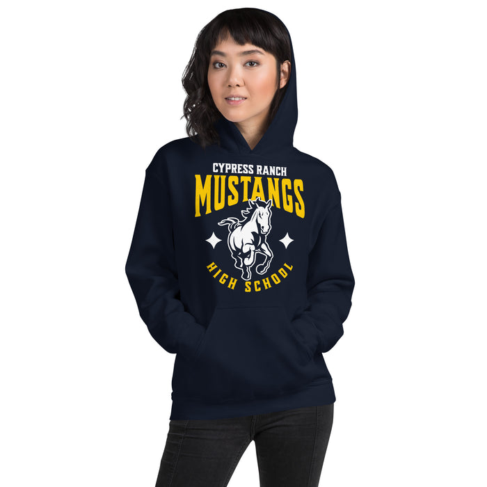 Woman wearing Cypress Ranch High School Mustangs Navy Classic Unisex Hoodie 213