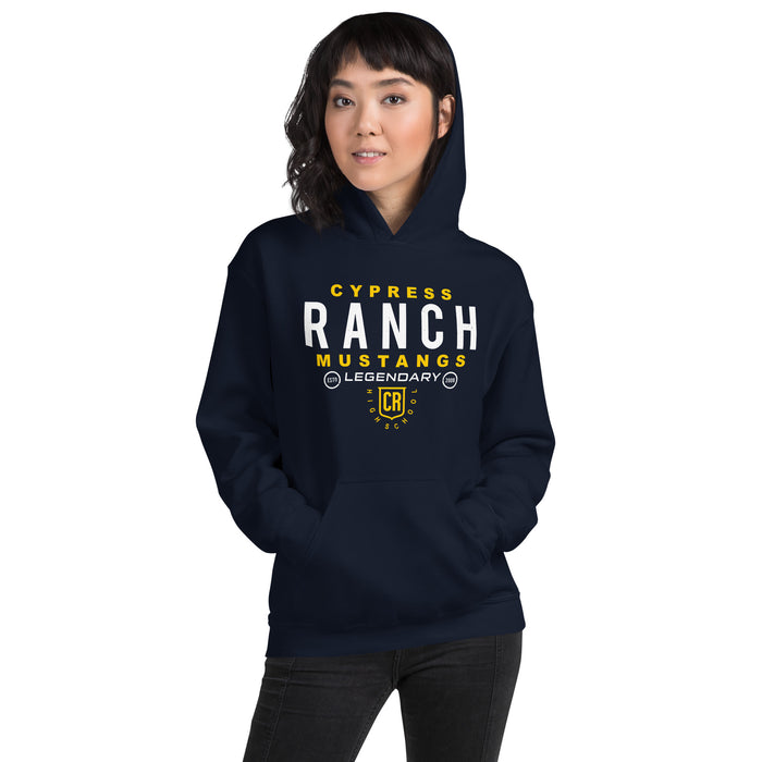 Woman wearing Cypress Ranch High School Mustangs Navy Classic Unisex Hoodie 003