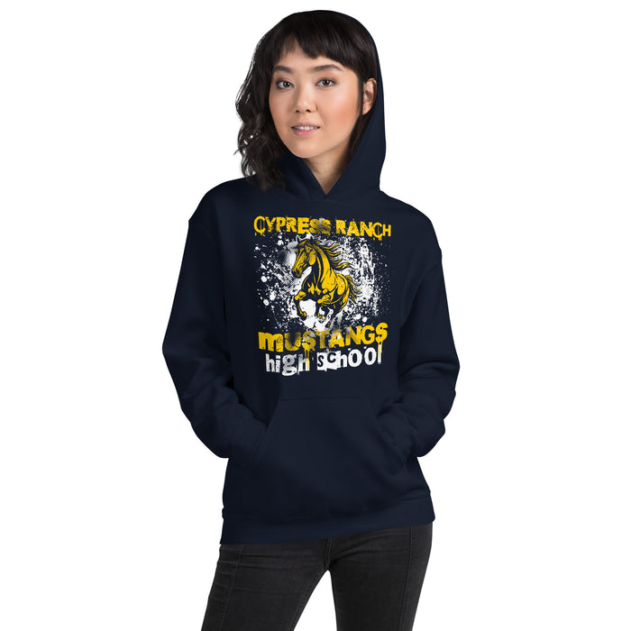 Woman wearing Cypress Ranch High School Mustangs Navy Classic Unisex Hoodie 205