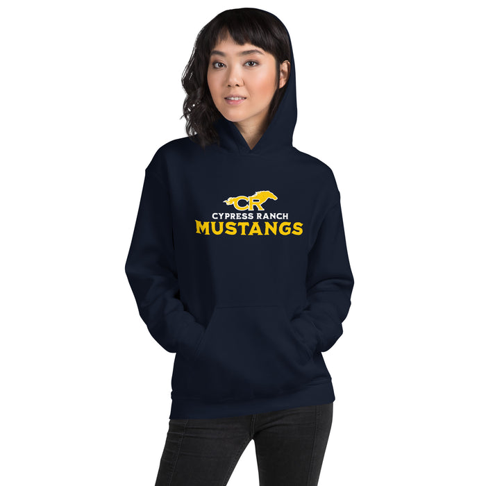 Woman wearing Cypress Ranch High School Mustangs Navy Classic Unisex Hoodie 233