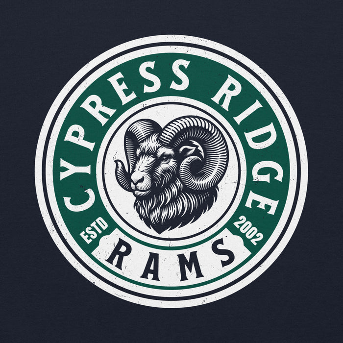 Man wearing Cypress Ridge High School Rams Navy Classic Unisex Hoodie 220