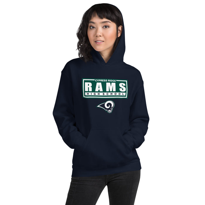 Woman wearing Cypress Ridge High School Rams Navy Classic Unisex Hoodie 049