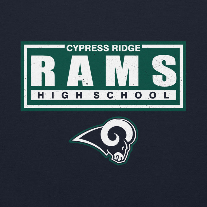 Close-up view of Cypress Ridge High School Rams Navy Classic Unisex Hoodie 049