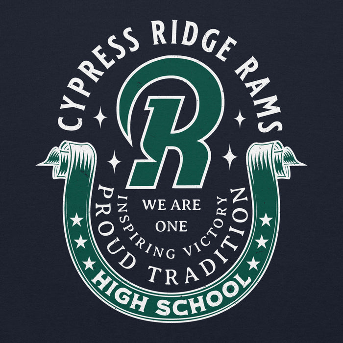 Close-up view of Cypress Ridge High School Rams Navy Classic Unisex Hoodie 229