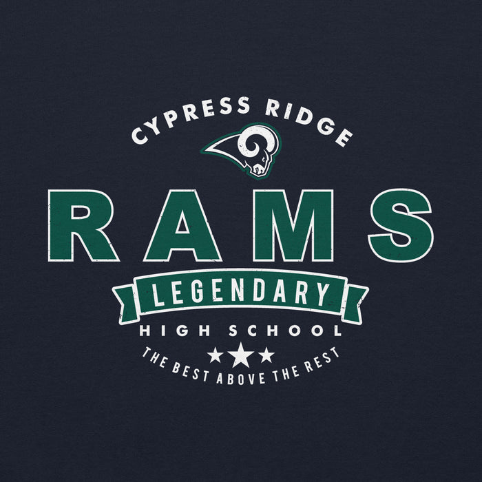 Close-up view of Cypress Ridge High School Rams Navy Classic Unisex Hoodie 044