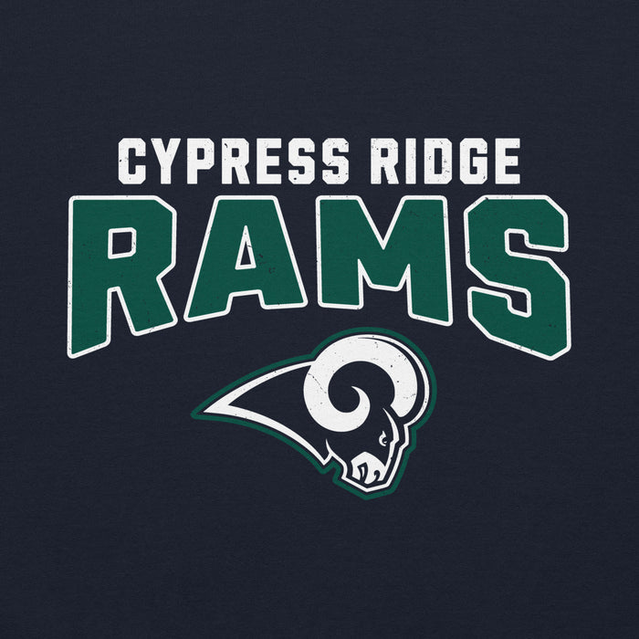 Close-up view of Cypress Ridge High School Rams Navy Classic Unisex Hoodie 234