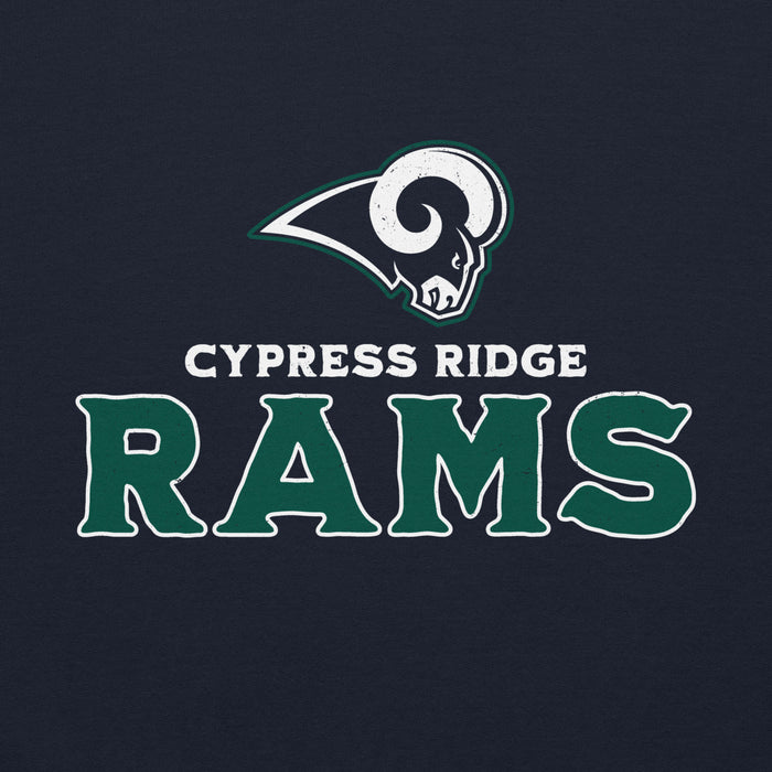 Close-up view of Cypress Ridge High School Rams Navy Classic Unisex Hoodie 233