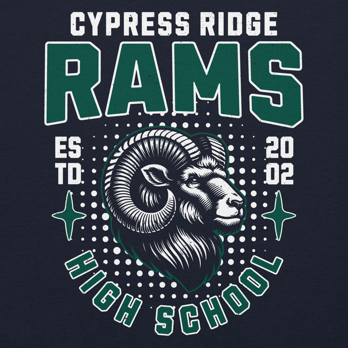 Close-up view of Cypress Ridge High School Rams Navy Classic Unisex Hoodie 204