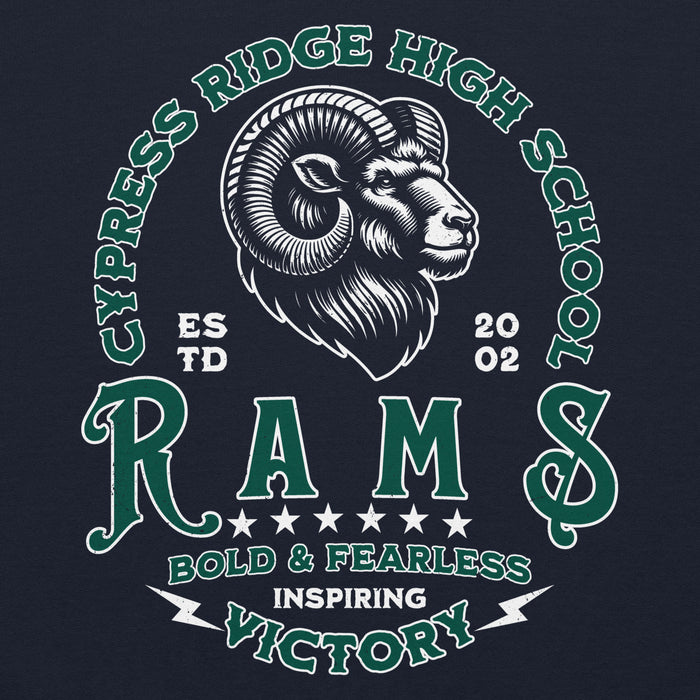 Close-up view of Cypress Ridge High School Rams Navy Classic Unisex Hoodie 206