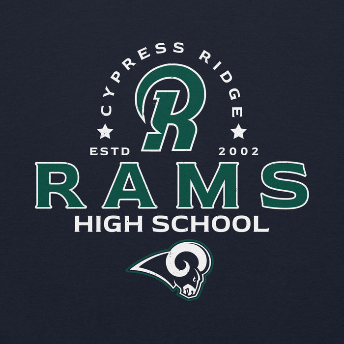 Close-up view of Cypress Ridge High School Rams Navy Classic Unisex Hoodie 222