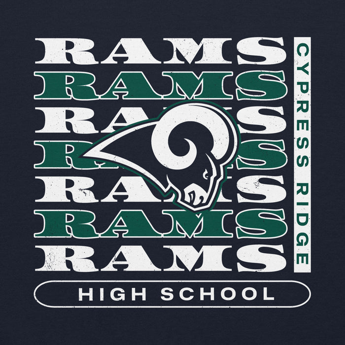 Close-up view of Cypress Ridge High School Rams Navy Classic Unisex Hoodie 235