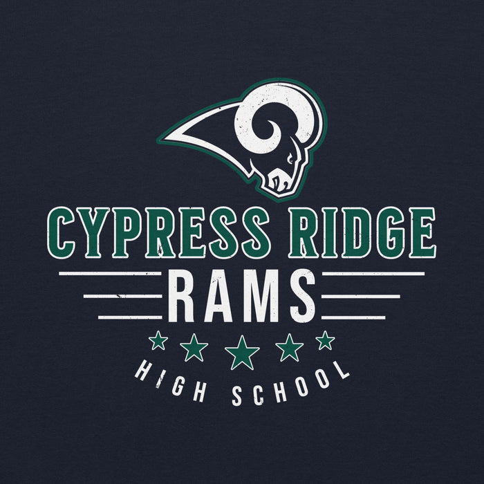 Close-up view of Cypress Ridge High School Rams Navy Classic Unisex Hoodie 217