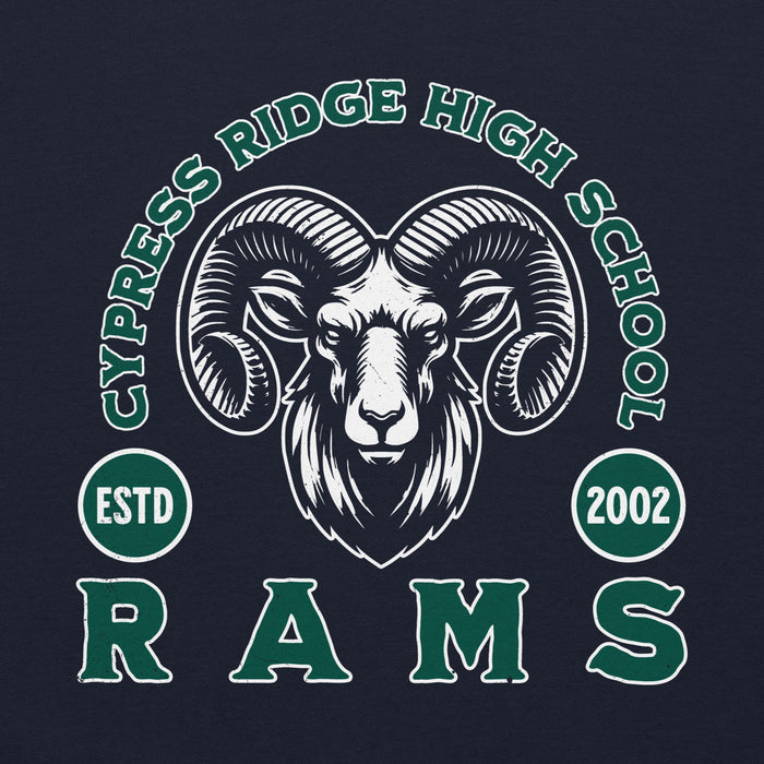 Close-up view of Cypress Ridge High School Rams Navy Classic Unisex Hoodie 208