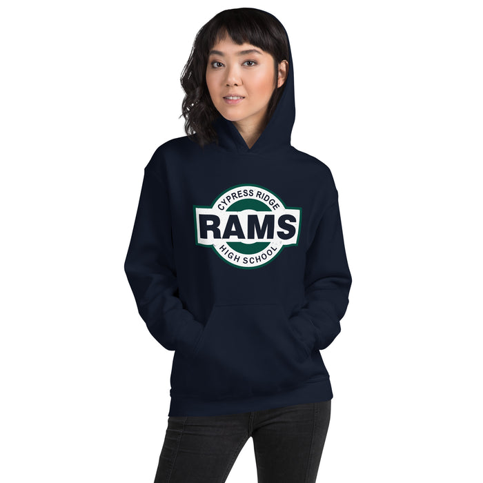 Woman wearing Cypress Ridge High School Rams Navy Classic Unisex Hoodie 011