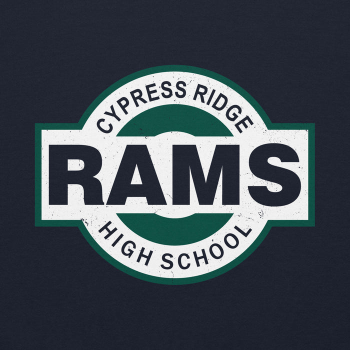 Close-up view of Cypress Ridge High School Rams Navy Classic Unisex Hoodie 011