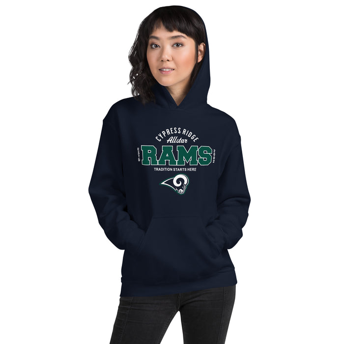 Woman wearing Cypress Ridge High School Rams Navy Classic Unisex Hoodie 040