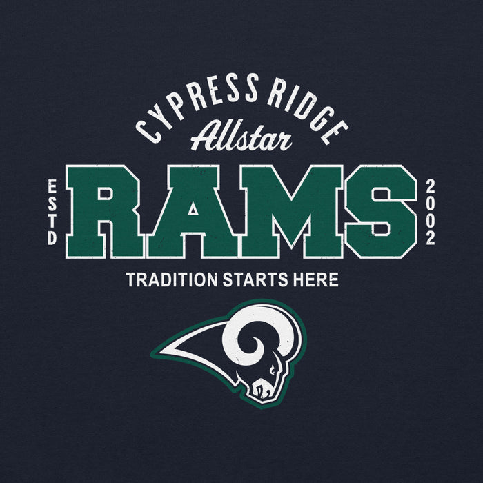 Close-up view of Cypress Ridge High School Rams Navy Classic Unisex Hoodie 040