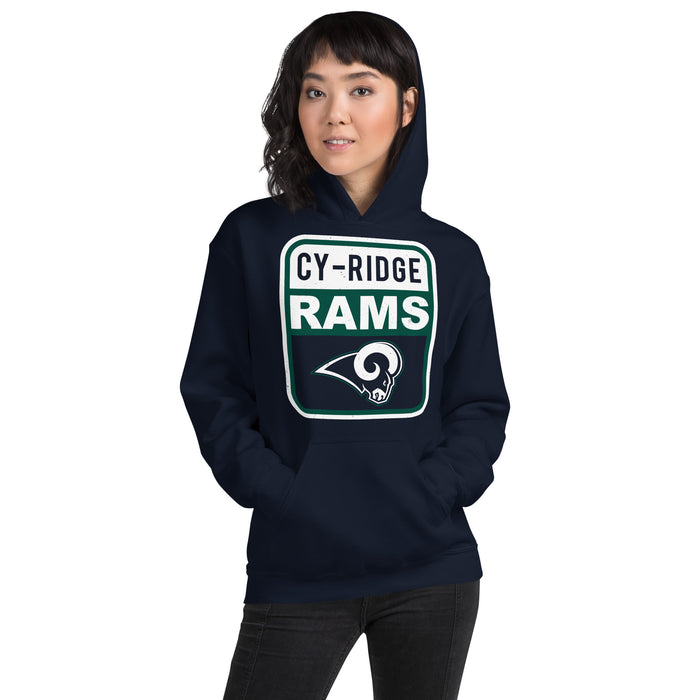 Woman wearing Cypress Ridge High School Rams Navy Classic Unisex Hoodie 001