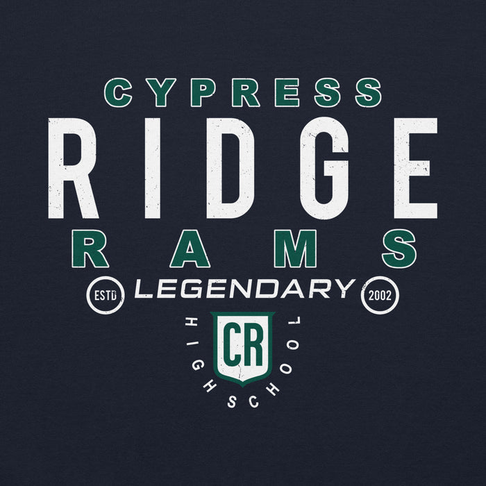 Close-up view of Cypress Ridge High School Rams Navy Classic Unisex Hoodie 003