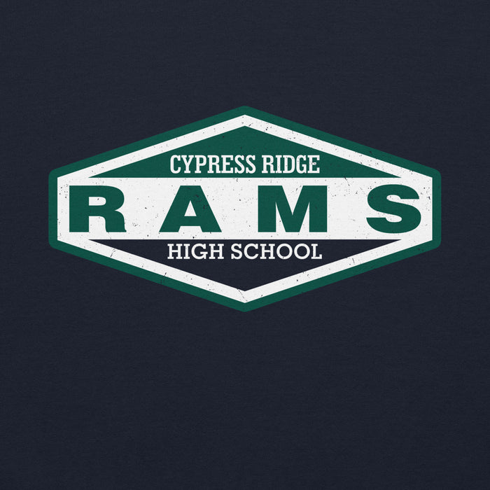 Close-up view of Cypress Ridge High School Rams Navy Classic Unisex Hoodie 009