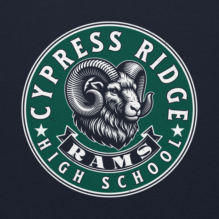 CLose-up view of Cypress Ridge High School Rams Navy Classic Unisex Hoodie 215