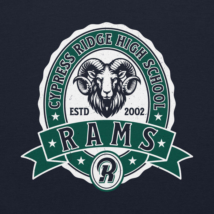Close-up view of Cypress Ridge High School Rams Navy Classic Unisex Hoodie 212