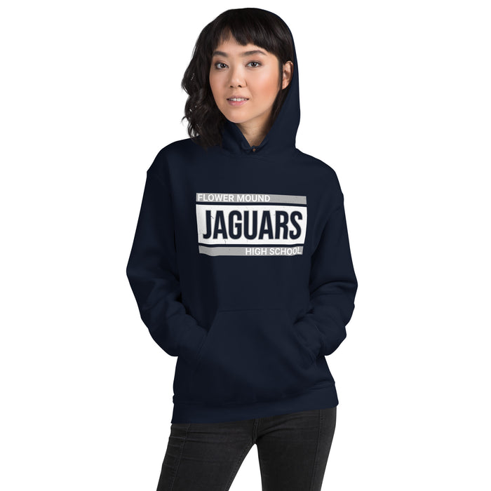 Woman wearing Flower Mound High School Jaguars Navy Blue Classic Unisex Hoodie 098