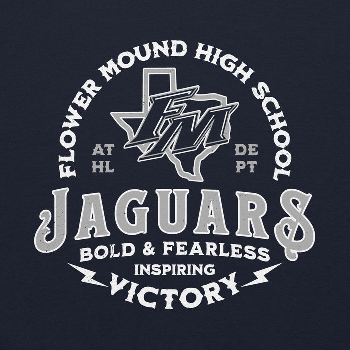 Close-up view of Flower Mound High School Jaguars Navy Blue Classic Unisex Hoodie 206