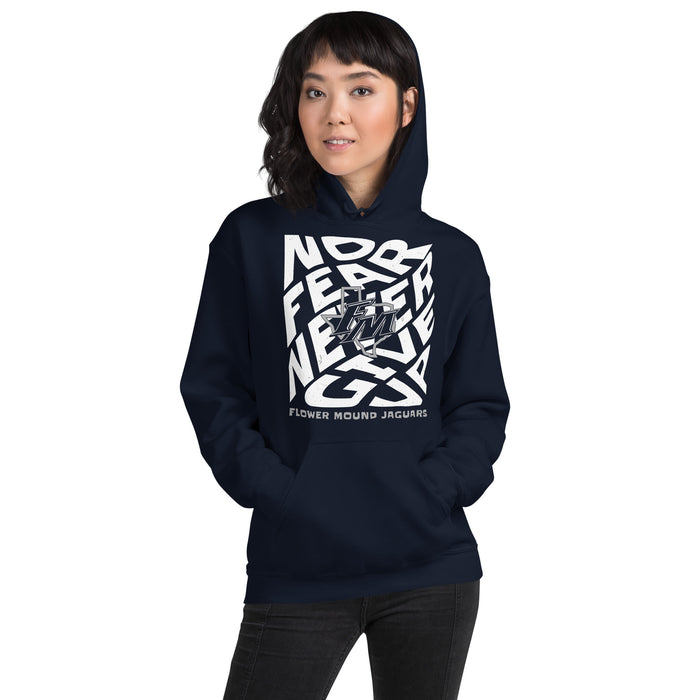 Woman wearing Flower Mound High School Jaguars Navy Blue Classic Unisex Hoodie 236
