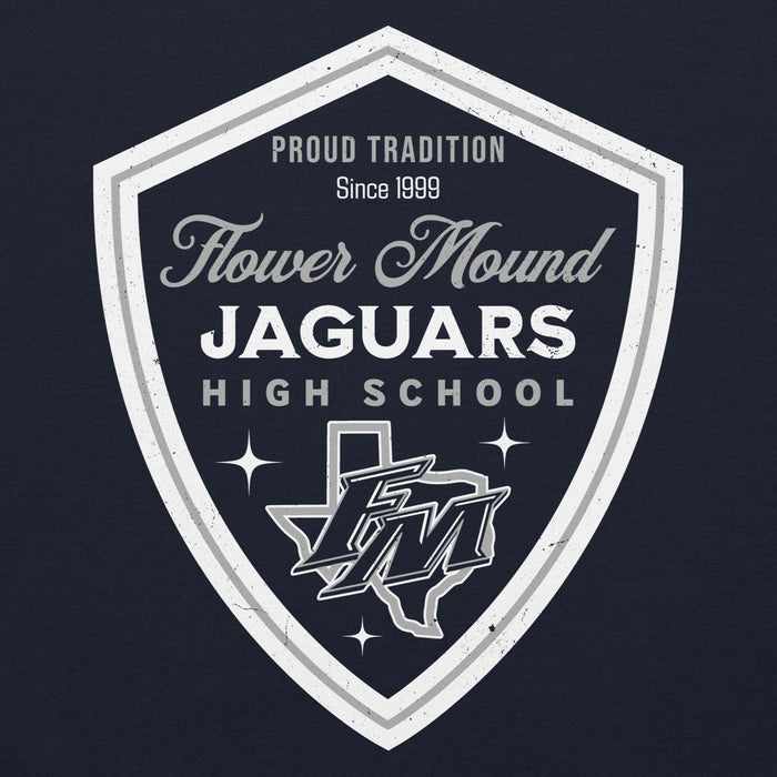 Close-up view of Flower Mound High School Jaguars Navy Blue Classic Unisex Hoodie 225